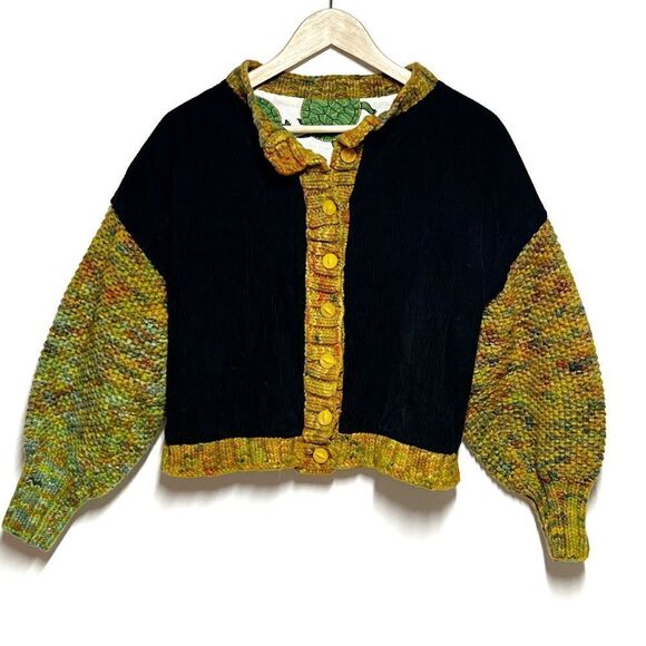 Handmade Cropped Mixed Media Boho Corduroy Crochet Sleeve Turtle Lined Jacket S - Picture 1 of 5